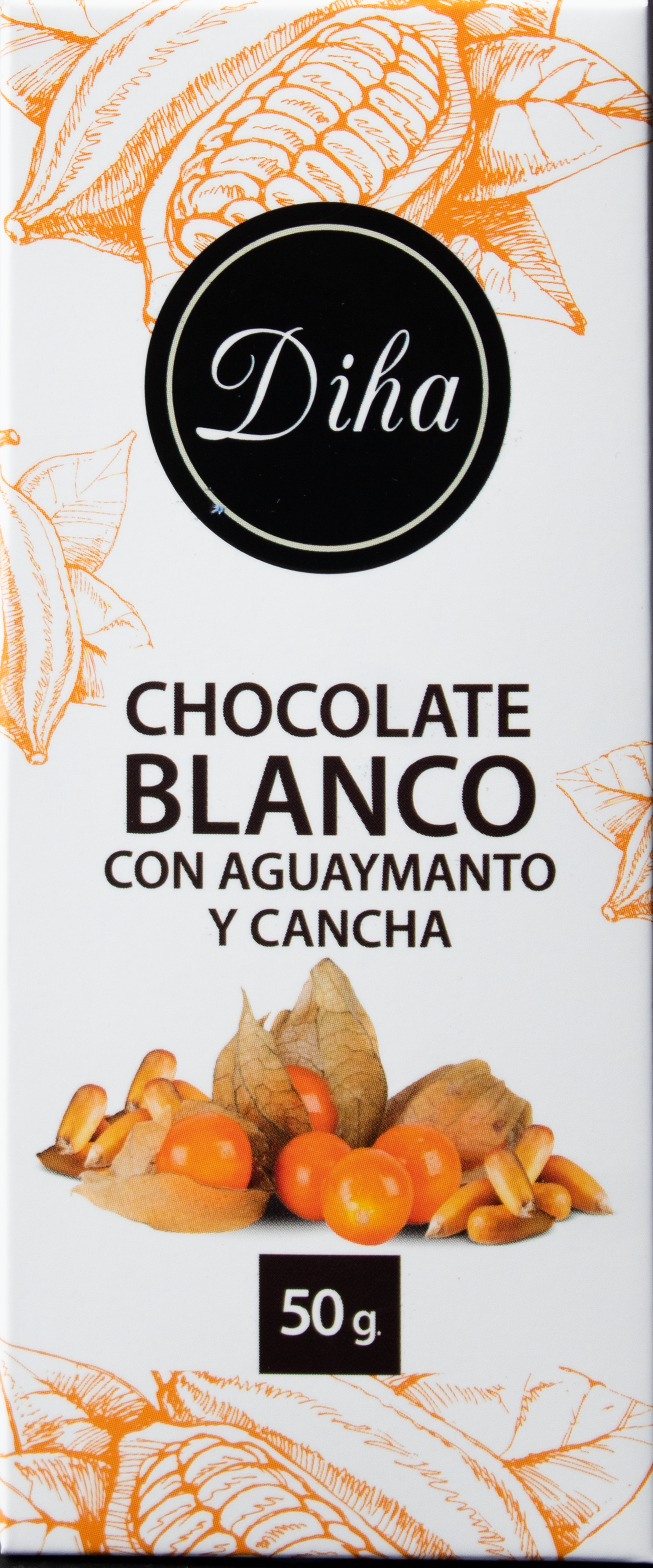 Chocolate blanco con aguaymanto y cancha